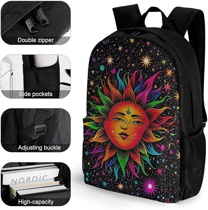 Supdreamc Rucksack Anti-Theft Multipurpose Large Capacity Carry On Bag, Glowing Sun And Moon Stars Art Travel Hiking Bag Day Pack With Side Pockets