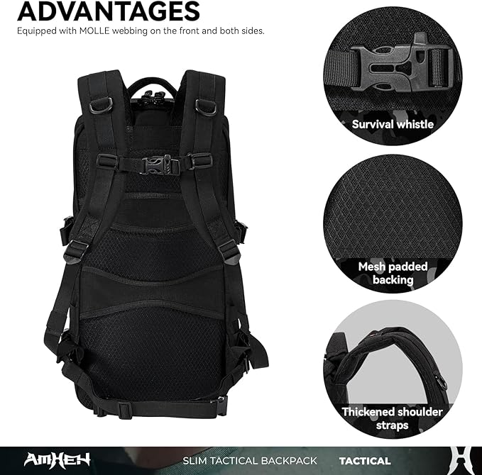 20L Slim Tactical Backpack - Suspended 13" Laptop Compartment, Rugged MOLLE Daypack for Everyday Carry, Work, Travel (Black)