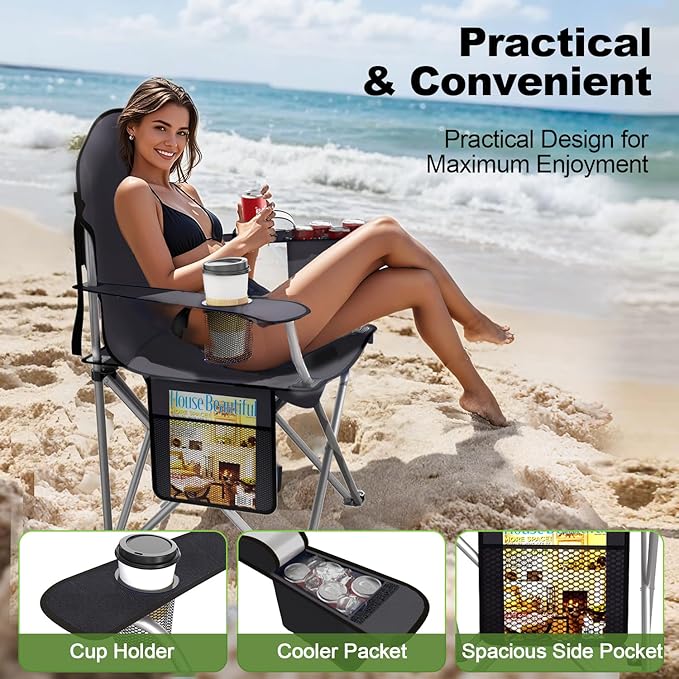 Folding Camping Chairs Durable 600D Oxford, Portable Outdoor Chair with Cooler Pouch, Cup Holder & Storage Pocket for Camping, Beach, Fishing