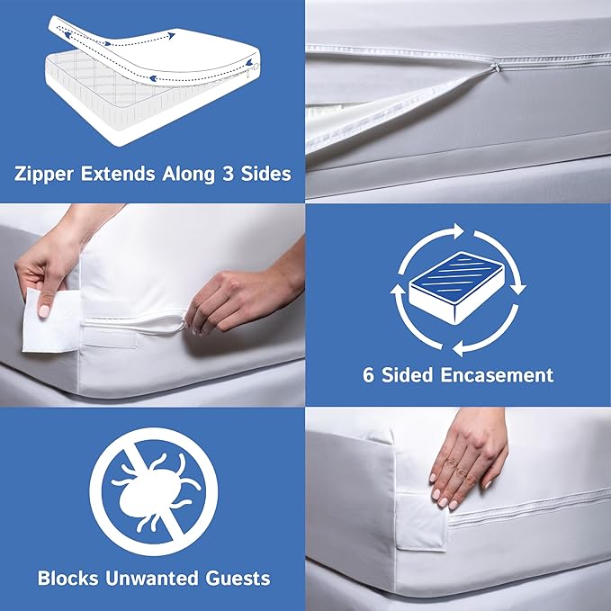 Full Size Mattress or Box Spring Encasement (8"-11" Depth) Waterproof Zippered Protector Hypoallergenic Premium Bedbug Double Size Bed Cover Protects from Dust White