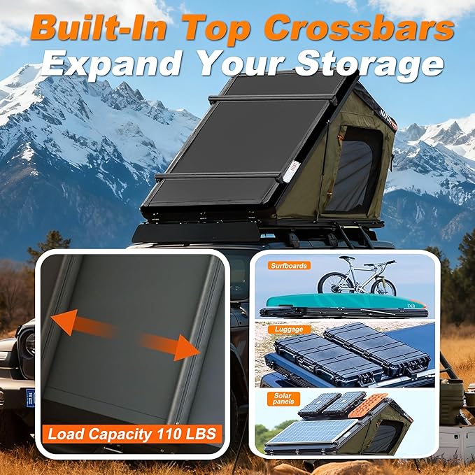 Naturnest Rooftop Tent Hard Shell, Easy Set Up Pop Up Tent for 2 Person Camping, Waterproof UV-Resistant Blackout Privacy 4 Season Tent for Truck, Jeep, SUV, Van, Trailer - Polaris 2