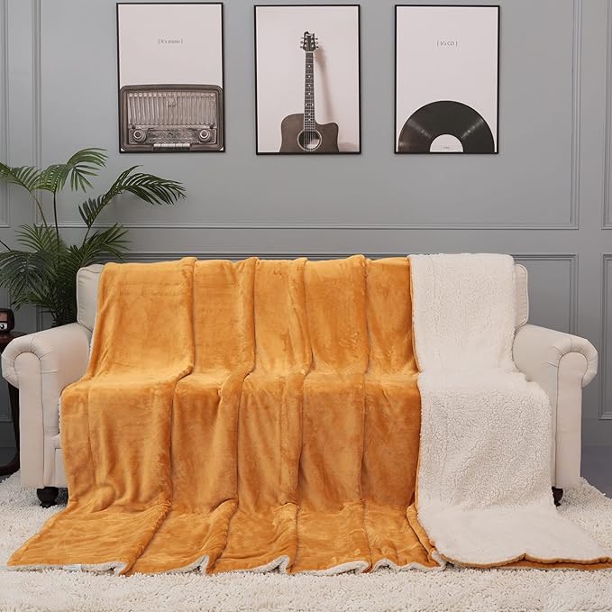 NANPIPER King Size Sherpa Blanket, Soft Fleece Throw for Bed, Reversible Thick Fuzzy Blanket for Winter (Ginger Yellow, 90x108 inches)