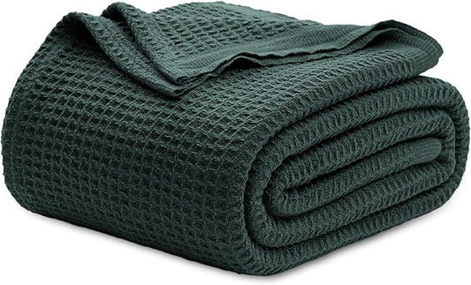Bedsure Gentlesoft 100% Cotton Blanket King Size for Bed - Breathable and Soft, Waffle Weave Blanket for Summer, Thick Cozy Fall Blankets for Women Gift, Dark Green, 104x90 inches