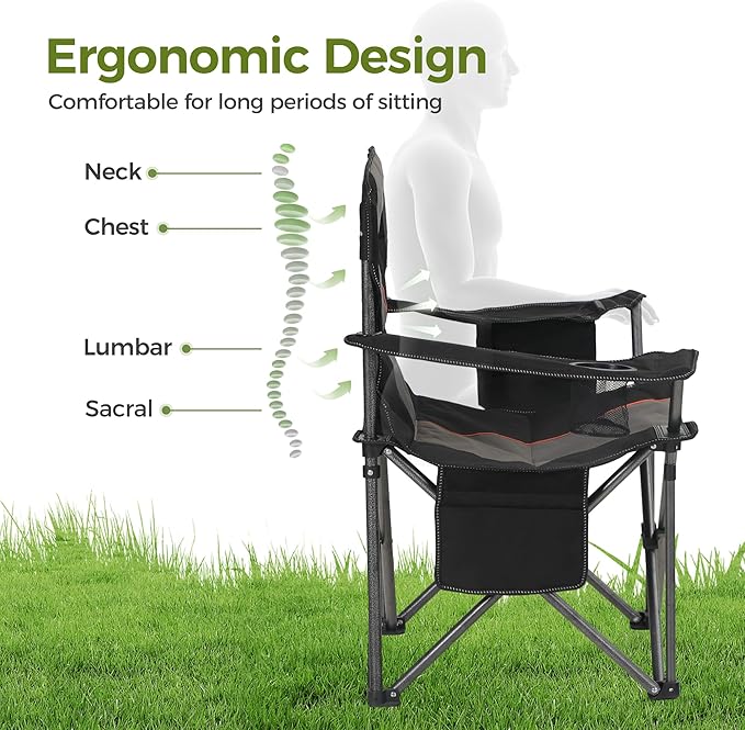 ALPHA CAMP Oversized Camping Chair Heavy Duty Lawn Chair with Cooler Bag Support 450 LBS Steel Frame Collapsible Padded Arm Quad Lumbar Back Folding Chair for Lawn Outdoor