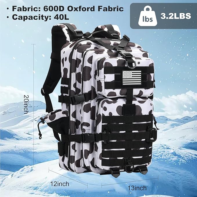 45L MOLLE Assault Backpack, Tactical Backpack Military Army Camping Rucksack with Bottle Holder, 3-Day Pack Trip w/USA Flag Patch, D-Rings, Cow Color