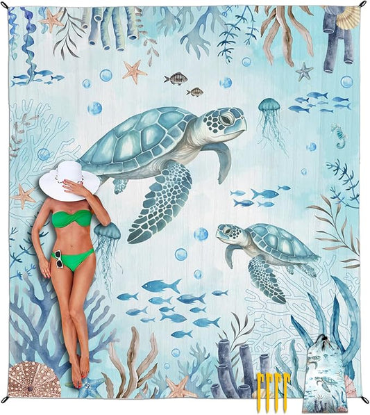 Beach Blanket Waterproof Sandproof, Sea Turtle Oversized Extra Large Picnic Mat 83"×95"/8 × 7 FT for 1-7 Adults for Travel Camping Hiking, Quick Drying Lightweight Beach Vacation Essentials