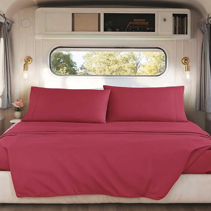 Hearth & Harbor Short Queen Sheets for RV, Burgundy Red RV Queen Sheets, Silky Soft 1800 Microfiber Bed Sheet for Camper, 4 Piece RV Bedding with Pillowcases