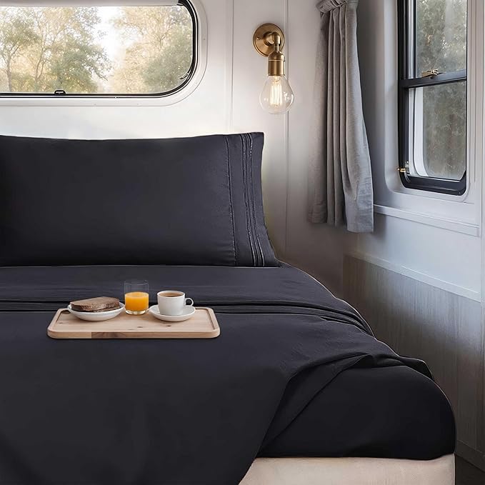 Hearth & Harbor Short Queen Sheets for RV, Black RV Queen Sheets, Silky Soft 1800 Microfiber Bed Sheet for Camper, 4 Piece RV Bedding with Pillowcases