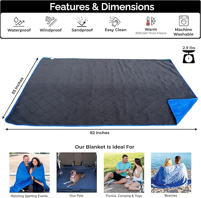 BRAWNTIDE Large Outdoor Waterproof Blanket - Extra Thick Fleece, Warm, Windproof, Sandproof, Quilted, 82" x 55", Ideal for Beaches, Picnics, Camping, Stadiums, Dogs, Car