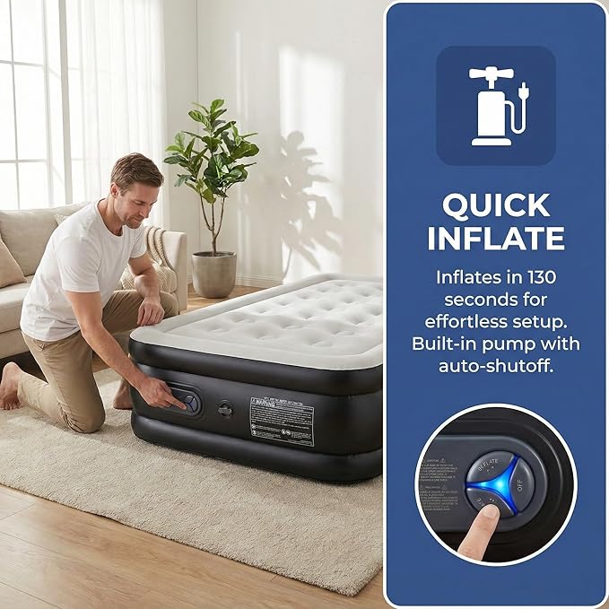 Queen Air Mattress with Built-in Pump - 22" Double Height, Non-Slip Bottom, Supports 660lbs for Home & Camping