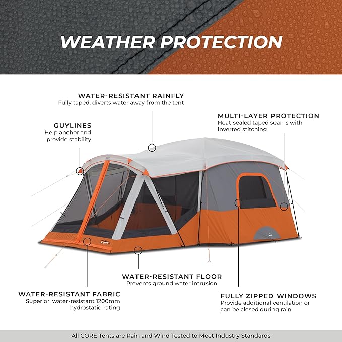 CORE Tent for Family Camping | 10 Person / 11 Person / 12 Person Large Multi Room Cabin Tents for Car Camping & Outdoor Adventures