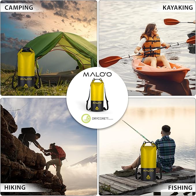 Malo’o DryPack 30L Waterproof Kayak Dry Bag, Heavy Duty Roll-Top Dry Bag with MOLLE Grid and Carry Straps for Fishing, Paddle Boarding, Boating, Camping, and Travel, Yellow