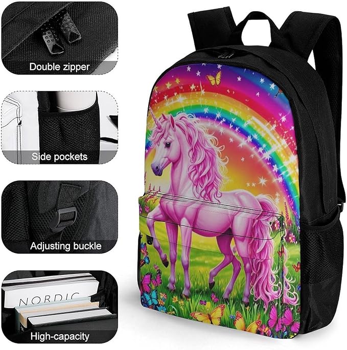 Supdreamc Daypack Backpack Multipurpose Anti-Theft Large Capacity Bookbag, Rainbow Unicorns And Butterflies Travel Hiking Camping Rucksack With Adjustable Shoulder Straps