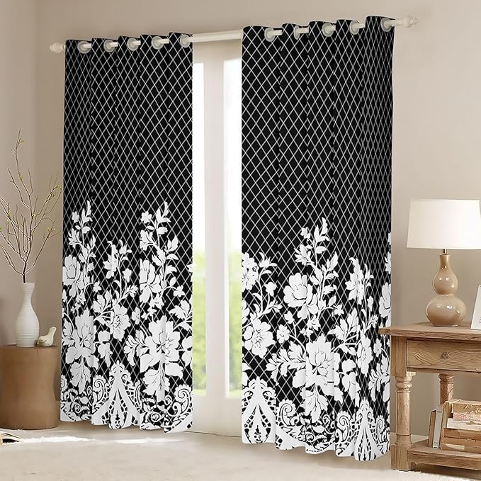 Manfei White Floral Blackout Curtains Boho Vintage Flower Window Drapes,Black Diamond Grid Print Window Treatments,Kids Boys Girls Room Decor,Grommet Top 2 Panel Set Bedroom Curtains, 52Wx63L inch