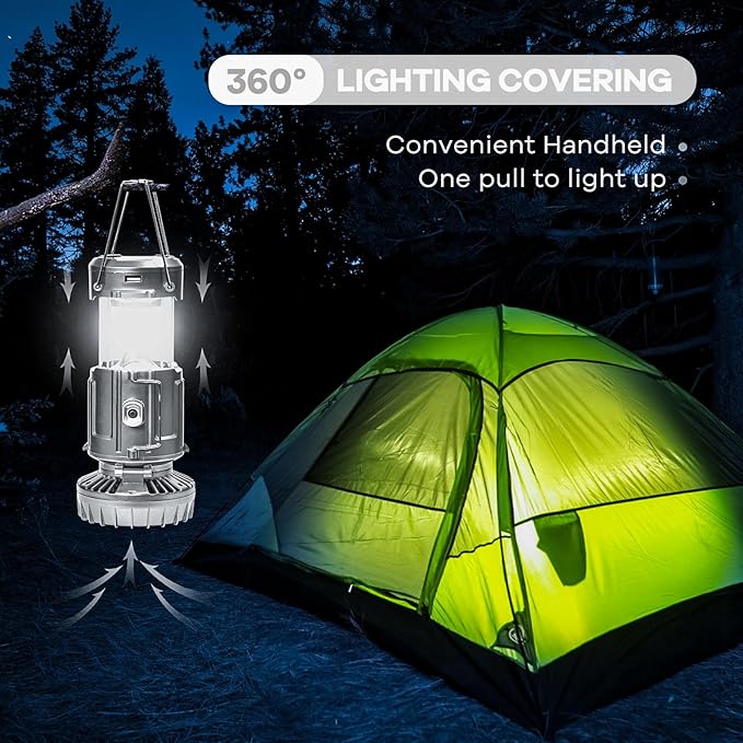 Solar Camping Lantern with Fan & Phone Charger, Portable Rechargeable Power for Hurricanes, Emergency, Power Outage and Camping Gear, Silver