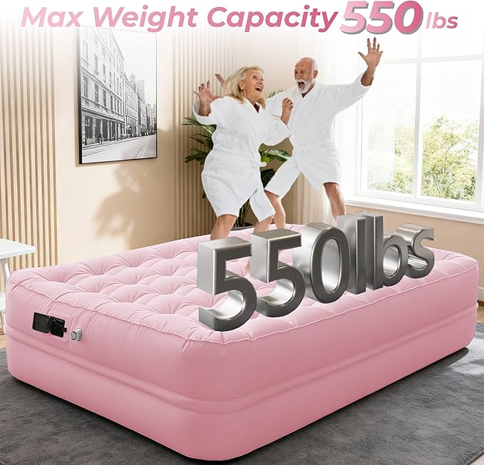 Queen Air Mattress with Built-in Rechargeable Battery Pump, Cooling Pongee Fabric Material, Waterproof & Leakproof Air Mattress Queen, Camping Airbed, (18", Pink)