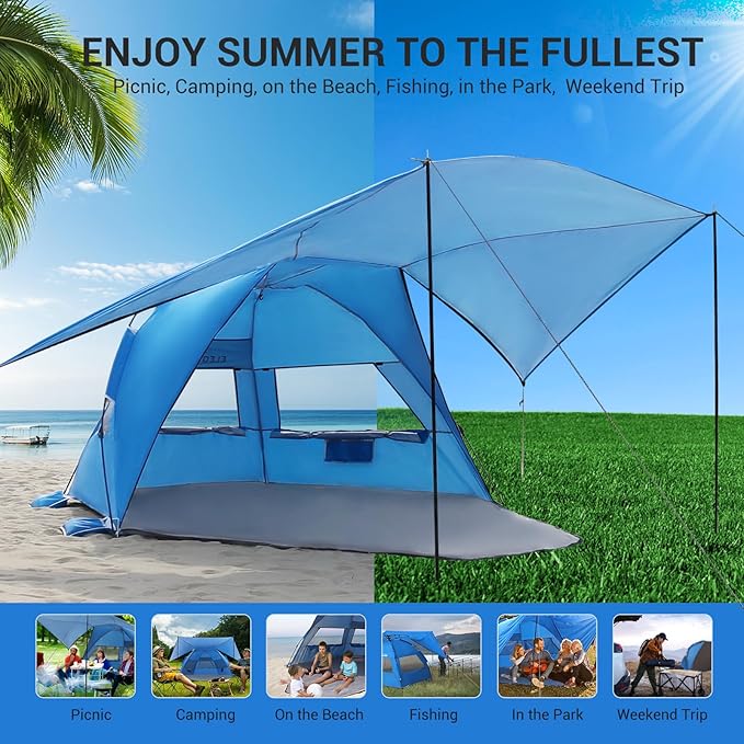 Elegear CumbreX™ Beach Tent with 360° Removable Canopy, 4-6 Person Pop Up Sun Shade Shelter, UPF 50+ Automated Installation Double Silver Coating Portable Lightweight Beach Cabana for Beach/Outdoor