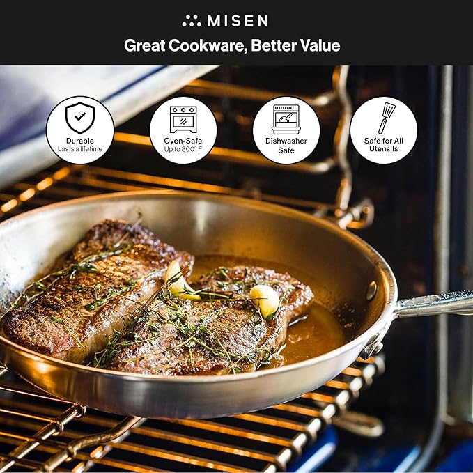 Misen 5-Ply Stainless Steel 10" & 12" Frying Pan Set - Professional Cookware for Induction, Gas and Electric - Dishwasher Safe, Oven Safe to 800°F - Durable, Versatile, Even Heating