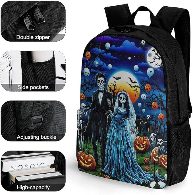 Supdreamc Daypack Bookbag Anti-Theft Multipurpose Large Capacity Bookbag, Sugar Skull Party Day Of The Dead Ghost Bride And Groom Art Travel Hiking Camping Rucksack With Adjustable Shoulder Straps