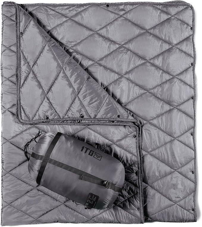 Camping Blanket - Packable, Ultra Warm and Lightweight with Snap Button Backpacking Quilt Water-Resistant, for Sleeping, Outdoors, Travel, and Indoor Use - Large/Gray