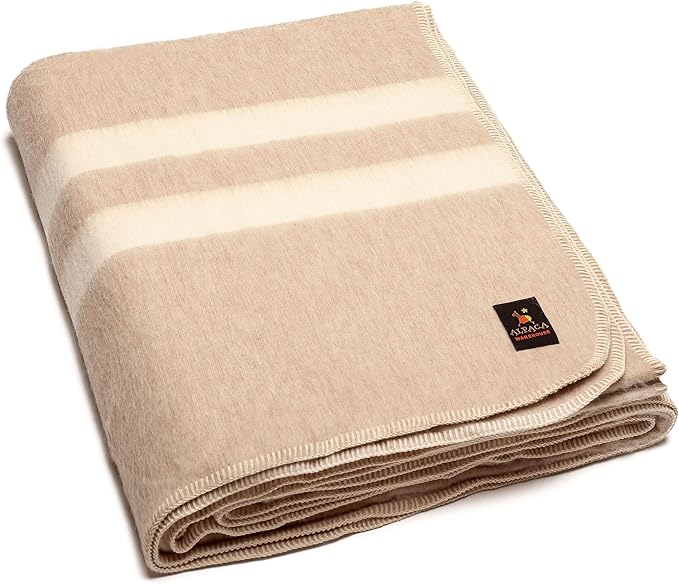 Thick Alpaca Wool Blanket Heavyweight Camping Outdoors Indoors Soft Peru King Size Stripes Design (Beige - Ivory, King Size)