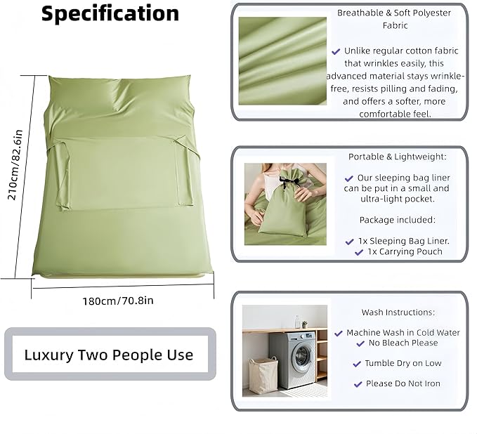 Sleeping Bag Liner for Adults, Lightweight Travel Sleep Sack with Carry Bag, Compact Portable Sleeping Sheet for Camping, Hiking, Hostels, Hotels and Backpacking