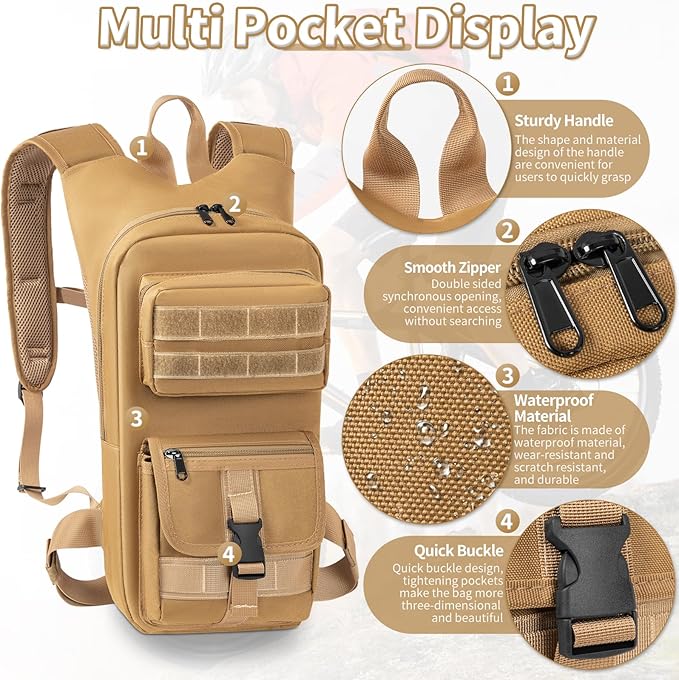 Hydration Backpack, Tactical Molle Water with 2L TPU Water Bladder, for Men Women Lightweight Water Backpack, Hydration Pack for Hiking, Biking, Climbing and Hunting, Khaki