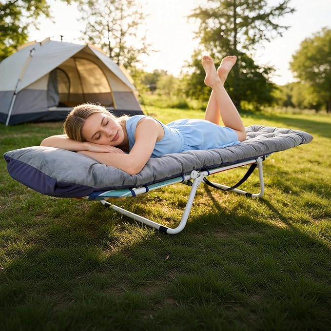 ABORON Folding Camping Cot with Mat & Face/Arm Hole for Adults, Portable Sleeping Bed for Outdoor, Camping, and Travel, Comfortable & Easy to Set Up