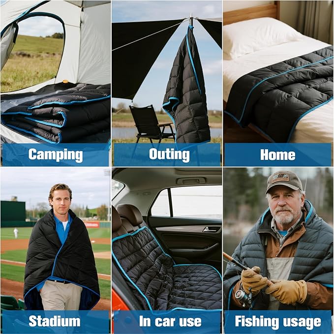 Down Camping Blanket - Black, 1lb 6oz / 77 * 52'' Lightweight Packable Warm Puffy Travel Quilt with Footbox, 650 Fill Power Outdoor Blankets for Hiking, Travel, Hammock & Stadium Down Quilt
