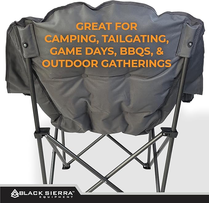 Black Sierra Oversized Camping Chair for Adults, Heavy Duty Outdoor Seat with Plush Padding, Supports 400lbs, Cup Holder & Carry Bag, Comfortable Folding Chair for Tailgating, Patio, & Sideline Events