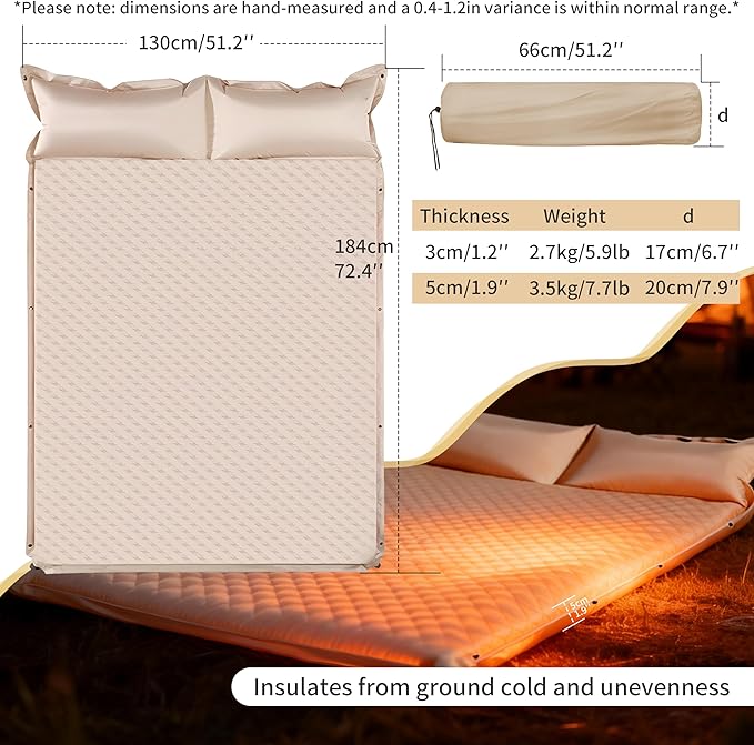 Self-Inflating Camping Mat - 1.2"/2" Thick Portable Air Mattress with Pillow for Outdoor, Hiking & Travel(Offwhite 2" for Two)