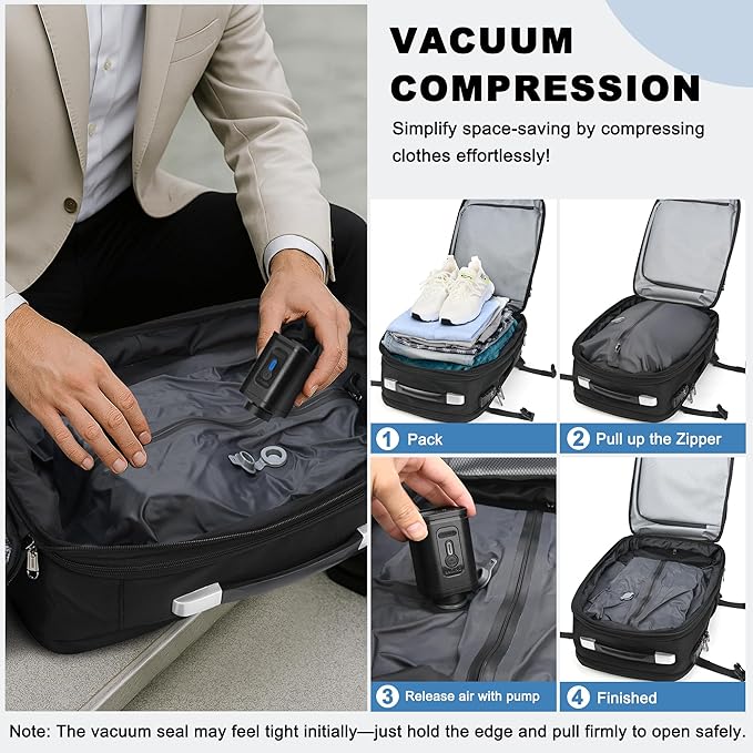 POSO Vacuum Backpack Travel, 60L Expandable Vacuum Seal Backpack with Pump, fit 17'' Laptop Backpack, TSA Lock Carry-On Airback Travel Backpack with Detachable Compression Airbag- Black