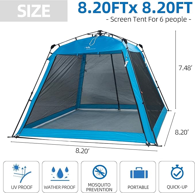 Pop Up Screen House Gazebo 8.2'x8.2'x75'', 4-6 Person Portable Screen Room with Sun & Insect Protection, Sturdy Frame Foldable Outdoor Canopy for Backyard, Camping, Park, Garden,Backyard-Blue