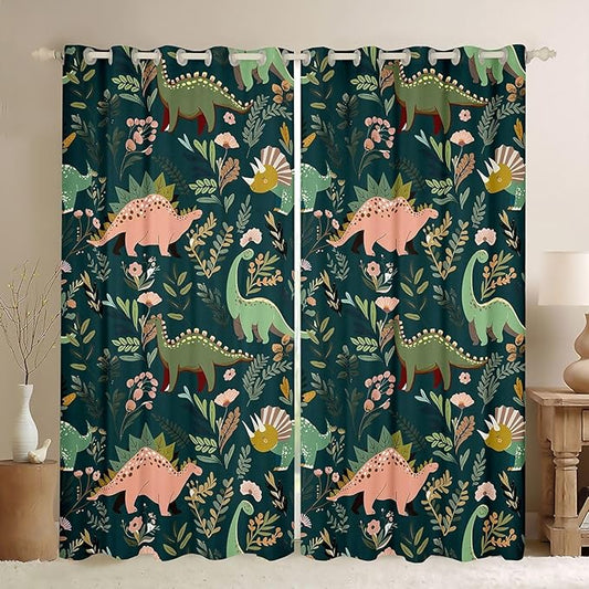Green Dinosaurs Window Curtain | Tropical Palm Leaf Blackout Curtain for Women Bedroom Decor,Cartoon Dinosaur Curtains Colorful Floral Living Room Top 2 Panels,52Wx90L