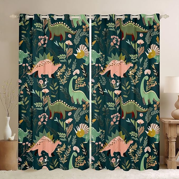Green Dinosaurs Window Curtain | Tropical Palm Leaf Blackout Curtain for Kids Bedroom Decor,Cartoon Dinosaur Curtains Colorful Floral Living Room Top 2 Panels,38Wx54L