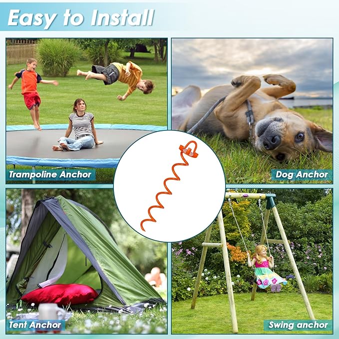FEED GARDEN 16 Inch Spiral Ground Anchors Heavy Duty Screw in Spiral Stakes, 4 Pack Folding Ring Ground Stakes for Securing Dogs,Tents, Trampolines, Canopies, Swing Sets, Orange