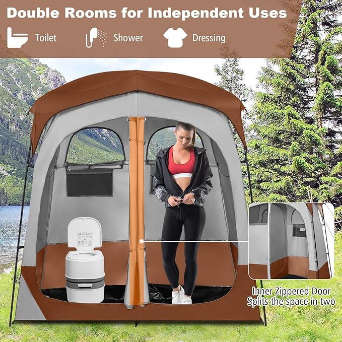 LDAILY Camping Shower Tent, 2 Room Instant Privacy Tent with Floor, Removable Rain Cover, Mesh Window, Inside Pocket and Clothesline, Portable Changing Room for Outdoor Toilet, Dressing