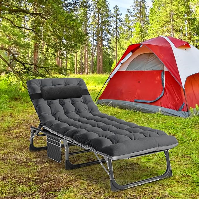 LILYPELLE Lounge Chair with Mattress, Heavy Duty Outside Lounge Chair Outdoor Portable Folding Lounge Chairs Sleeping Cots Bed for Camping, Pool, Beach, Patio