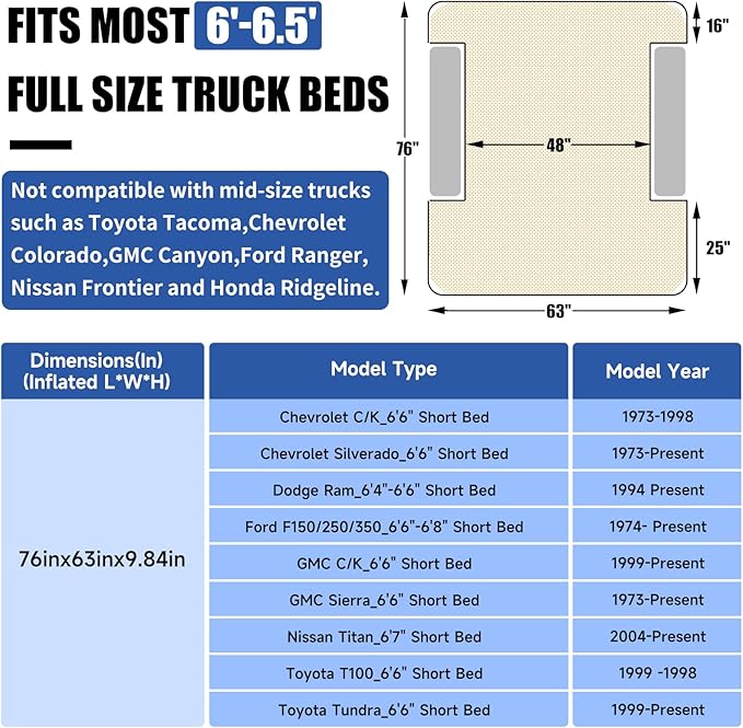 Umbrauto Air Mattress for 6-6.5ft Full Size Truck Bed, Inflatable Pickup Airbed with Pump, Tent Camping Sleeping Pad for Outdoor Travel