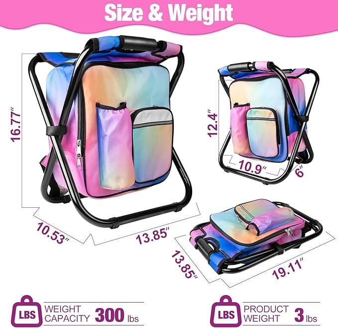Kikerike Backpack Stool Cooler Chair Heavy Duty 300 LBS Max Load Portable Lightweight Stool Backpack Folding Fishing Cooler Seat for Camping Hunting Fishing - Multicolor