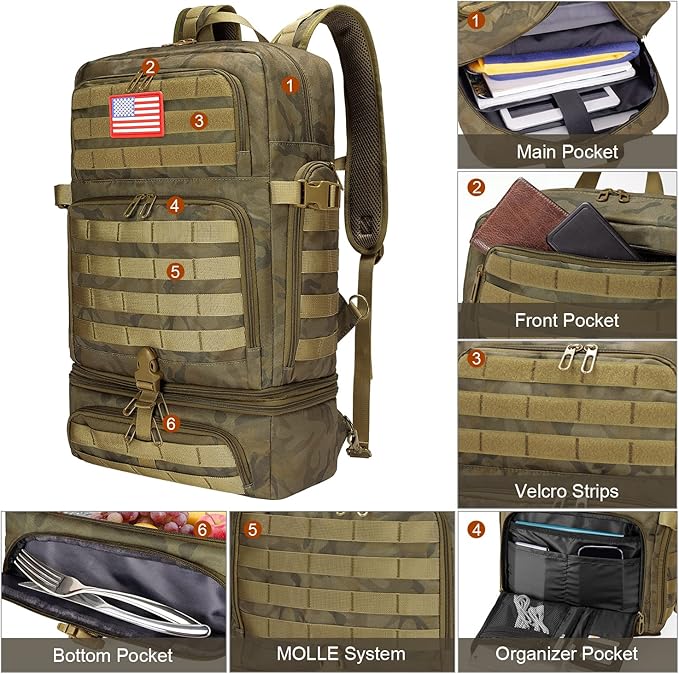 BERTASCHE Lunch Backpack for Men, 15.6 Inch Laptop Backpack for Work College Travel Camping Tactical Molle Daypack, Camo Green