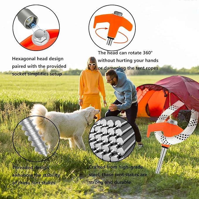 8" Tent Stakes Heavy Duty 12 Pack, Screw in Tent Stakes, Metal Threaded Camping Stakes, Ground Anchors for Canopies, Gardening and Inflatable Decor, with Storage Box and Hex Socket