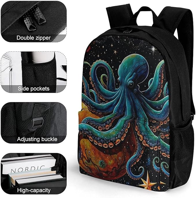 Supdreamc Men Women Lightweight Octopus On The Moon Holding Stars Planet Art Backpack Large Capacity Carry On Bag With Padded Straps for Sports Work Walking Cycling