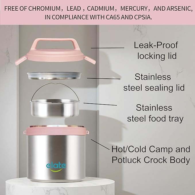 Elate 2-Quart Thermos Food Jar for Hot Food | 64oz Stainless Steel Vacuum-Insulated Camp Crock, Wide-Mouth Thermal Food Container, Portable Lunch Pot for Outdoor, Camping, Picnics, Trips, Potlucks
