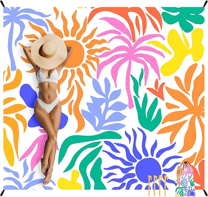 Beach Blanket Waterproof Sandproof Oversized, 110''×118'' Extra Large Beach Mat Sand Free, Lightweight Compact Foldable Picnic Blanket w/ 4 Stakes & Pockets for Camping, Travel, Beach Accessories