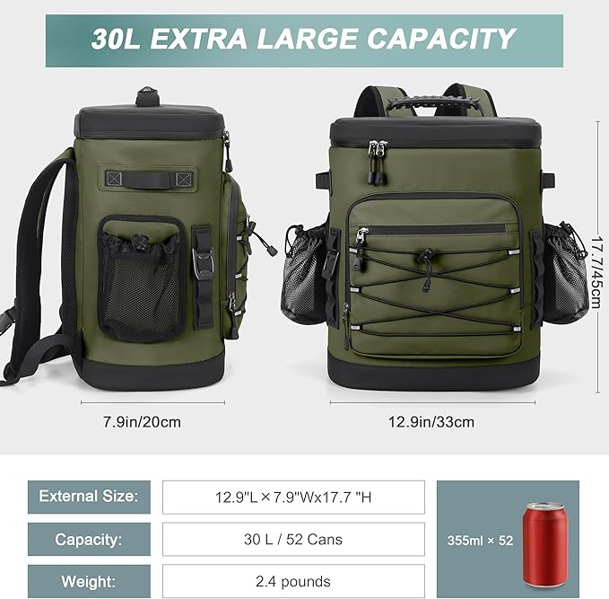 Large 52cans Cooler Backpack, Insulated, Waterproof, Leak Proof, 30L Large Capacity