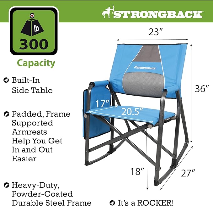 STRONGBACK Outdoor Chair Director Portable Camping Chair with Lumbar Support - Cupholder &Pocket Included - Heavy-Duty Foldable Chair - Rocker/Blue