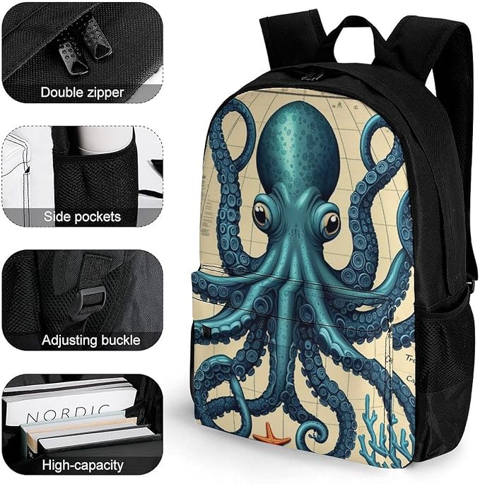 Supdreamc Daypack Lightweight Multipurpose Anti-Theft Retro Octopus Art Shoulder Bag Large Capacity Laptop Book Bag Rucksack With Adjustable Shoulder Straps