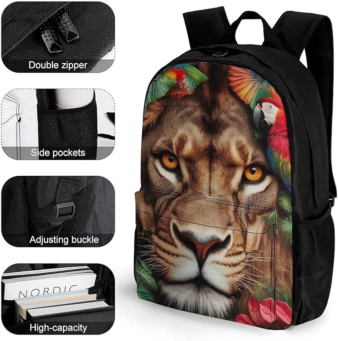 Supdreamc Rucksack Multipurpose Anti-Theft Big Capacity Shoulder Bag, Lion And Parrot Travel Hiking Camping Rucksack With Side Pockets