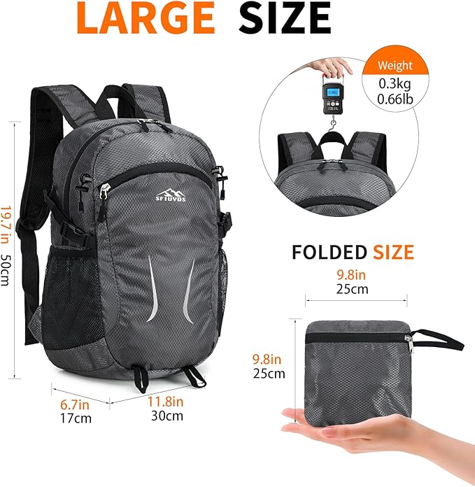 Small Hiking Backpack 35L Travel Lightweight Hiking Packable Daypack Water-Resistant Foldable Backpacks for Women Men Camping (Grey)